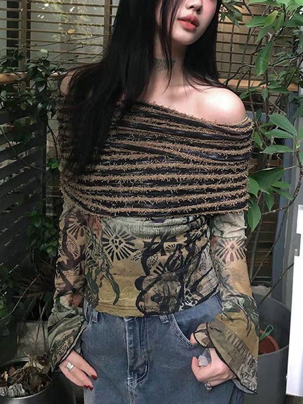 Y2K Off Shoulder Abstract Print T-Shirt -- YKIIY CLOTHING