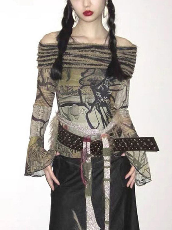 Y2K Off Shoulder Abstract Print T-Shirt -- YKIIY CLOTHING