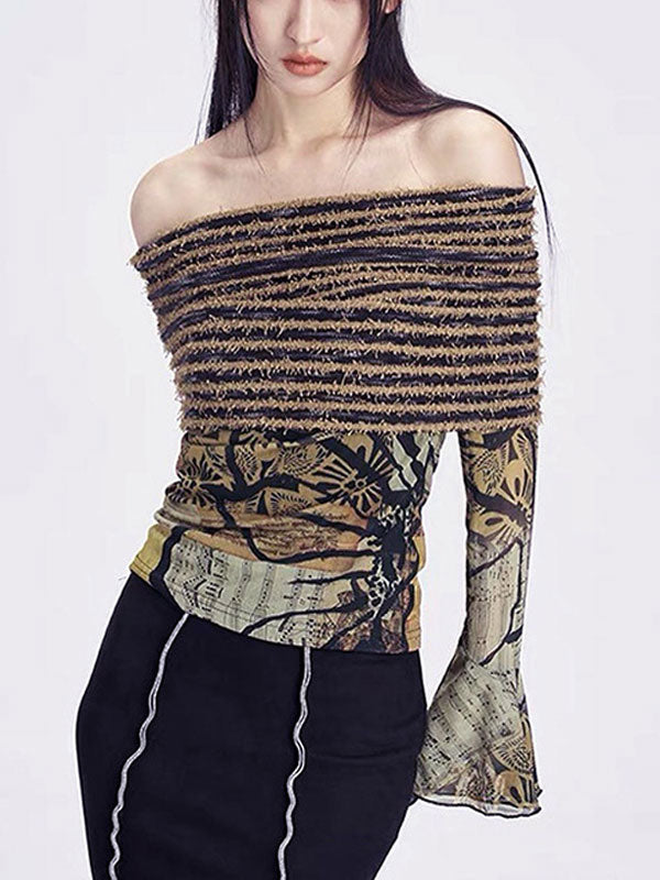Y2K Off Shoulder Abstract Print T-Shirt -- YKIIY CLOTHING