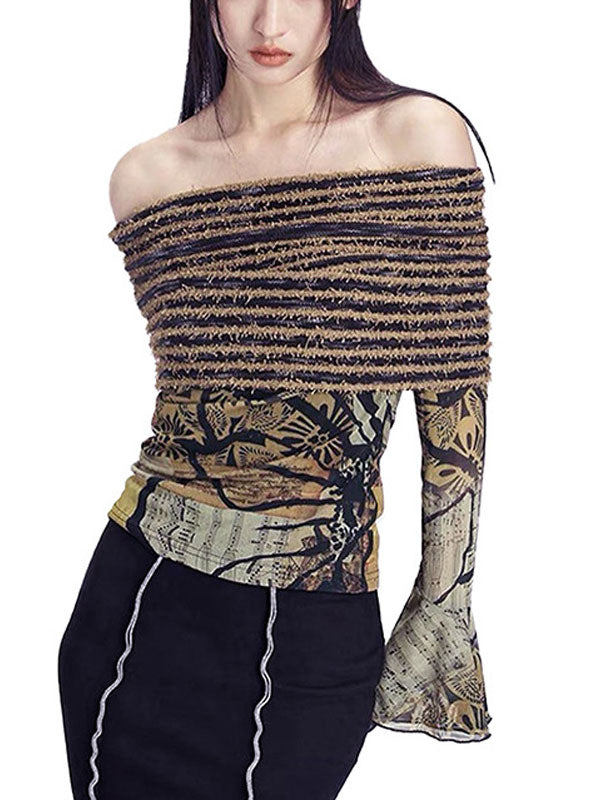 Y2K Off Shoulder Abstract Print T-Shirt -- YKIIY CLOTHING