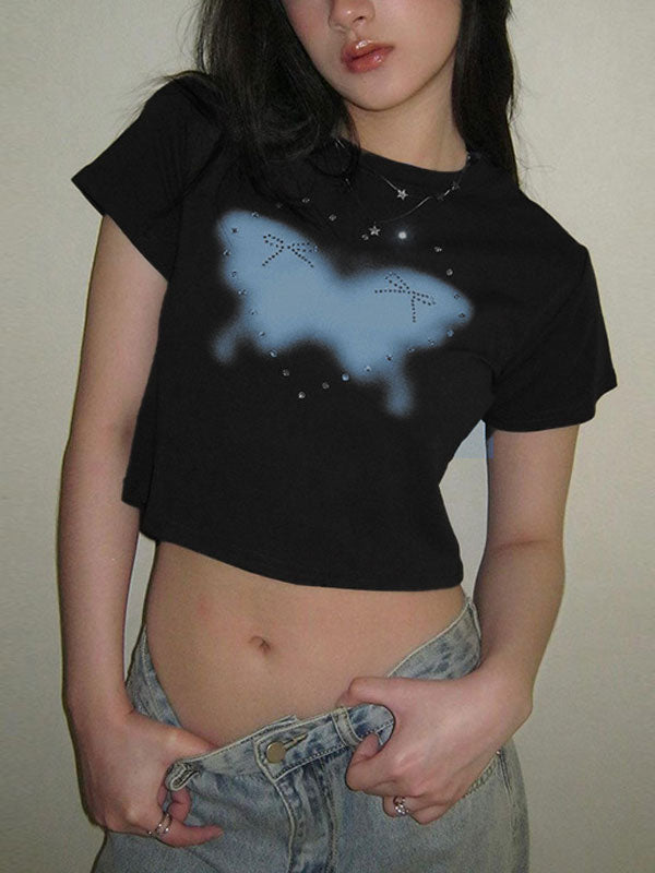 Y2K Round Neck Printed Diamante T-Shirt -- YKIIY CLOTHING