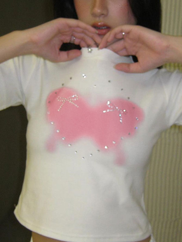 Y2K Round Neck Printed Diamante T-Shirt -- YKIIY CLOTHING