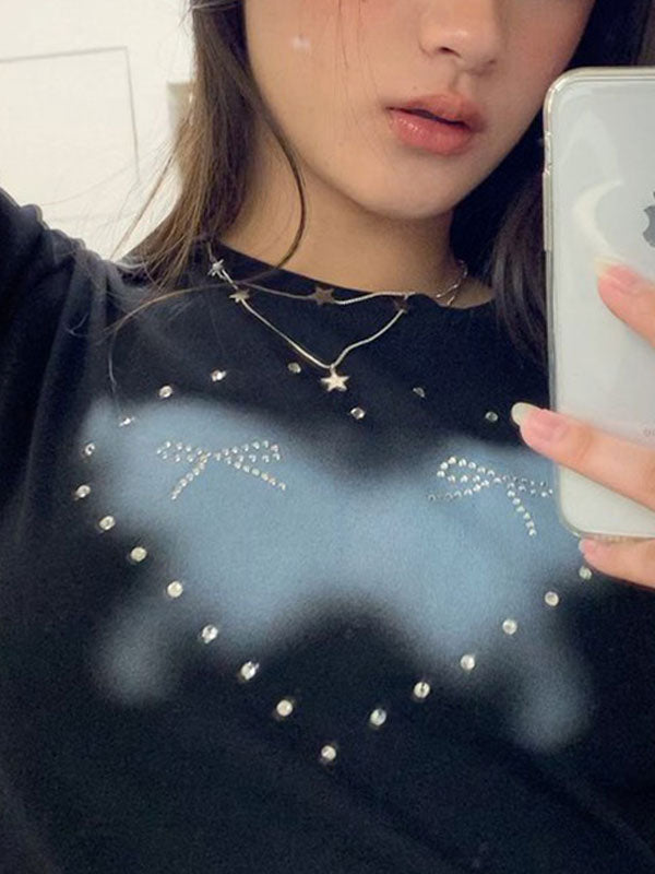 Y2K Round Neck Printed Diamante T-Shirt -- YKIIY CLOTHING