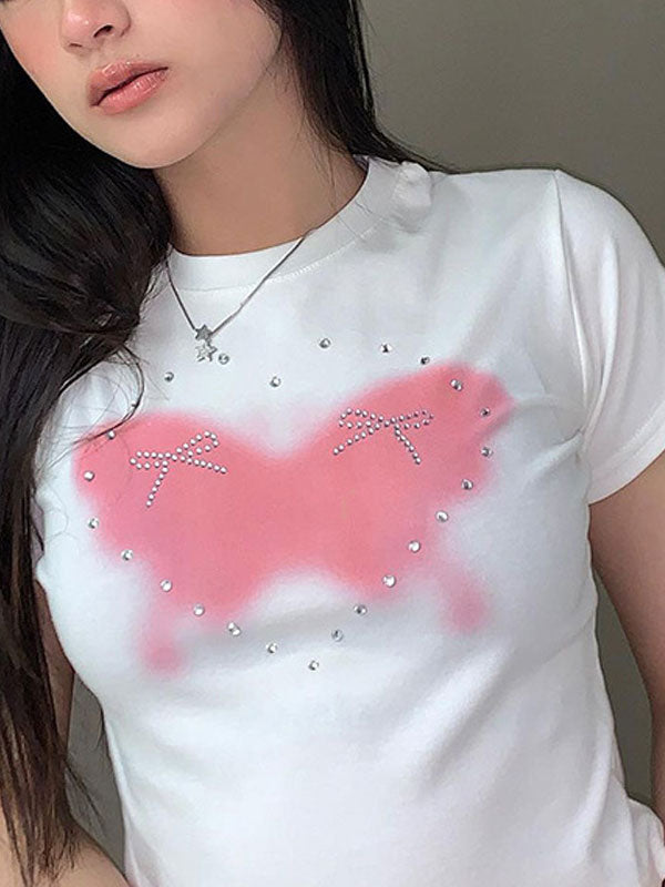 Y2K Round Neck Printed Diamante T-Shirt -- YKIIY CLOTHING