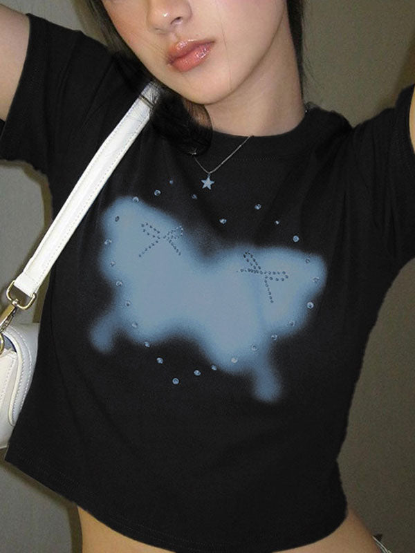 Y2K Round Neck Printed Diamante T-Shirt -- YKIIY CLOTHING