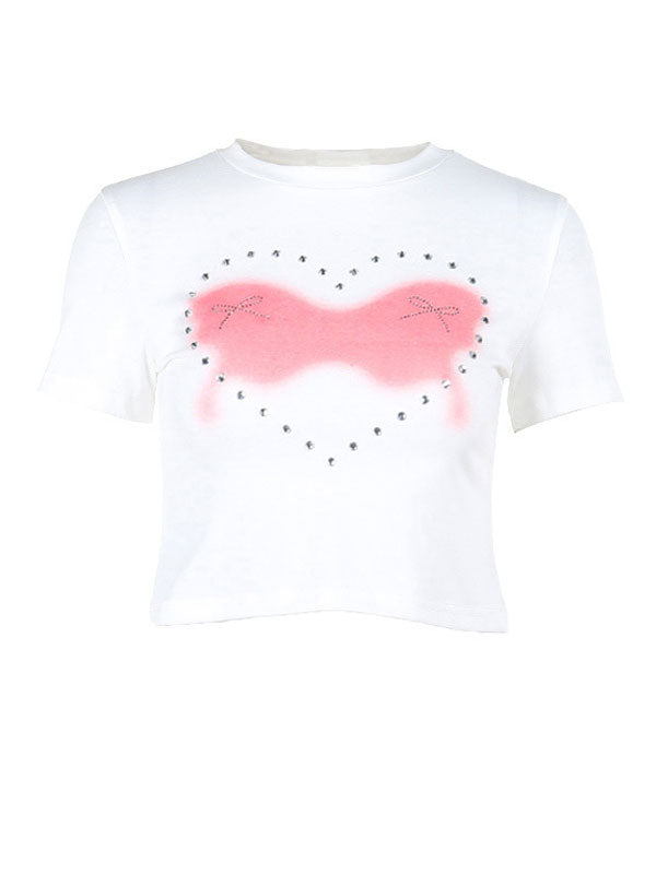 Y2K Round Neck Printed Diamante T-Shirt -- YKIIY CLOTHING
