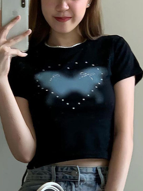 Y2K Round Neck Printed Diamante T-Shirt -- YKIIY CLOTHING