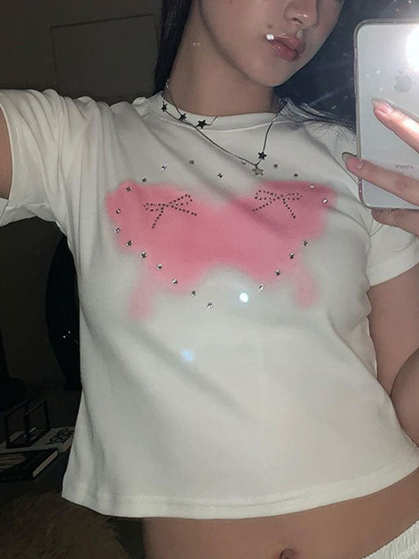 Y2K Round Neck Printed Diamante T-Shirt -- YKIIY CLOTHING