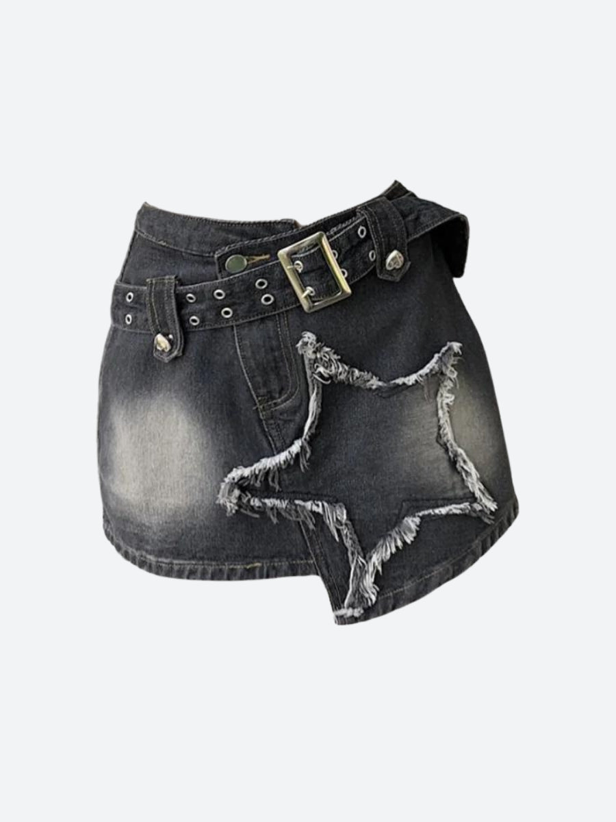 Y2K Star Asymmetric Denim Mini Skirt -- YKIIY CLOTHING