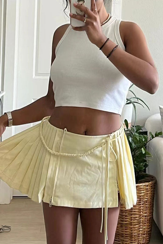 Lace Up Solid Pleated Mini Skirt