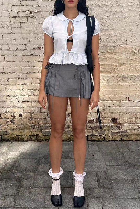 Lace Up Solid Pleated Mini Skirt