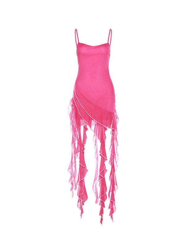 Asymmetric Ruffles Patchwork Maxi Dress