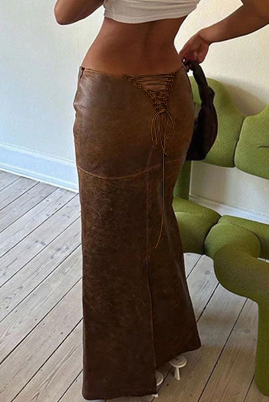 Vintage Back Slit Lace Up Bodycon Skirt