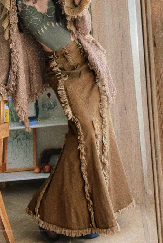 Frayed Trim Bodycon Mermaid Skirt