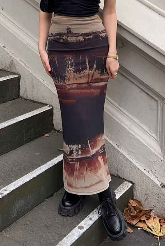 Vintage Printed Elastic Waist Bodycon Skirt