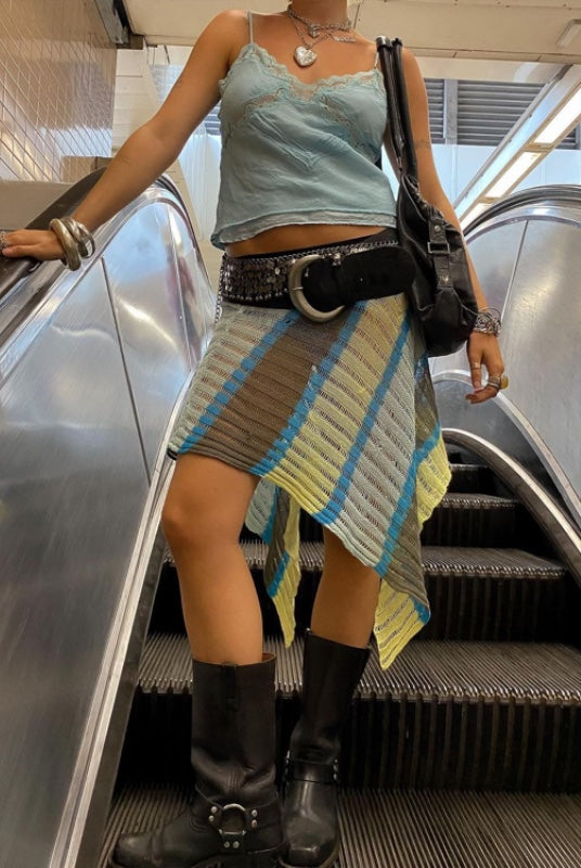 Knitted Striped Asymmetric Hem Skirts
