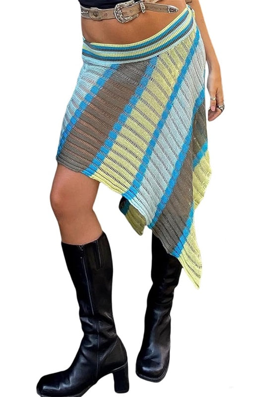 Knitted Striped Asymmetric Hem Skirts