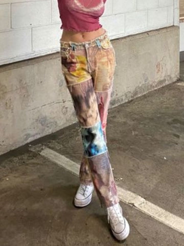 Abstract Printed Patchwork Jeans