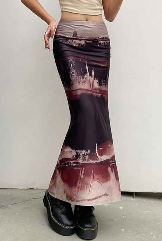 Vintage Printed Elastic Waist Bodycon Skirt