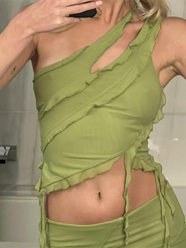Asymmetric Neck Slit Two Piece Set -- YKIIY  CLOTHING