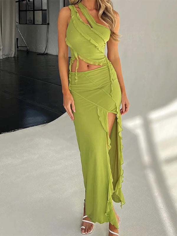 Asymmetric Neck Slit Two Piece Set -- YKIIY  CLOTHING