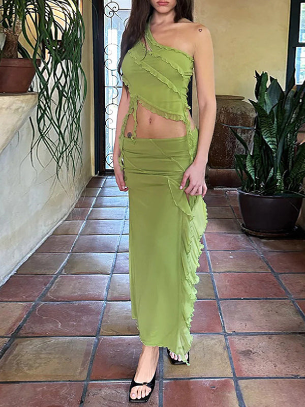 Asymmetric Neck Slit Two Piece Set -- YKIIY  CLOTHING