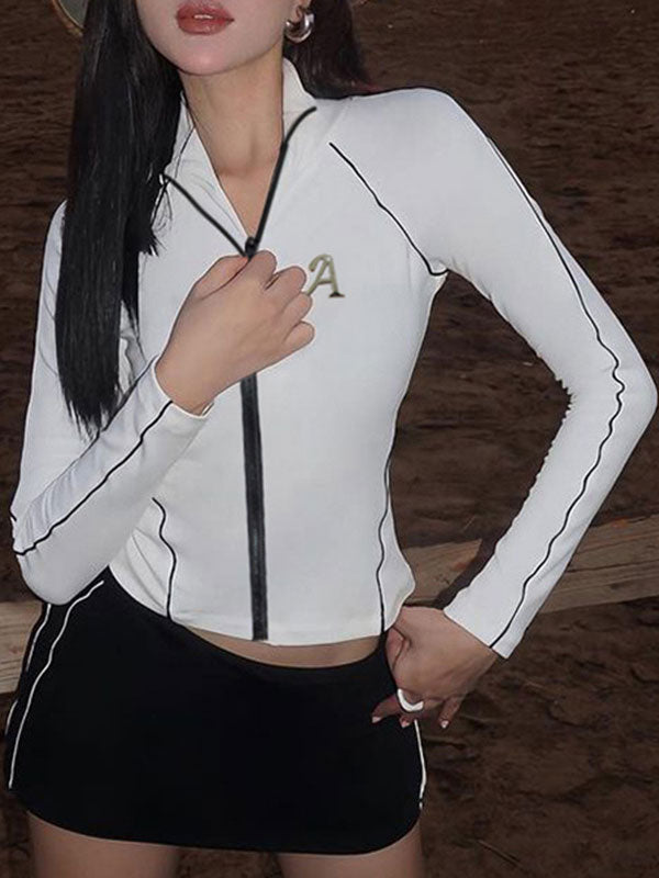 Band Collar Contrast Trim Zippers Jacket -- YKIIY  CLOTHING
