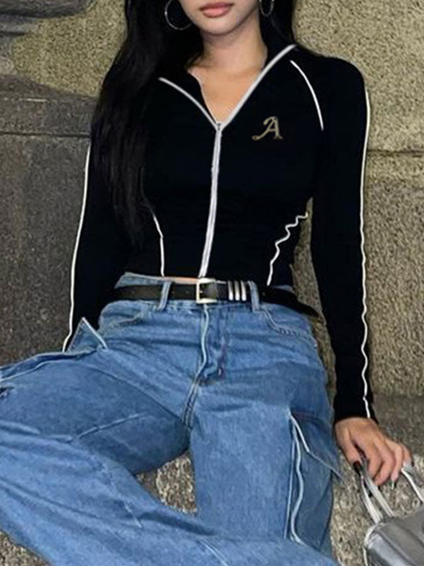 Band Collar Contrast Trim Zippers Jacket -- YKIIY  CLOTHING