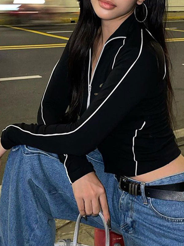 Band Collar Contrast Trim Zippers Jacket -- YKIIY  CLOTHING