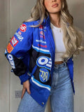 Band Neck Letters Color Block Jacket -- YKIIY  CLOTHING