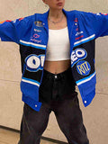 Band Neck Letters Color Block Jacket -- YKIIY  CLOTHING