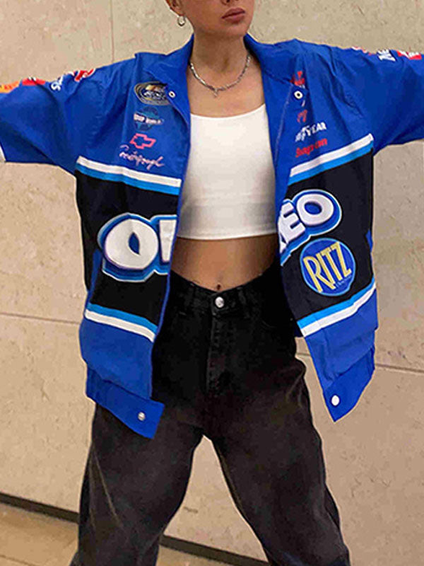 Band Neck Letters Color Block Jacket -- YKIIY  CLOTHING