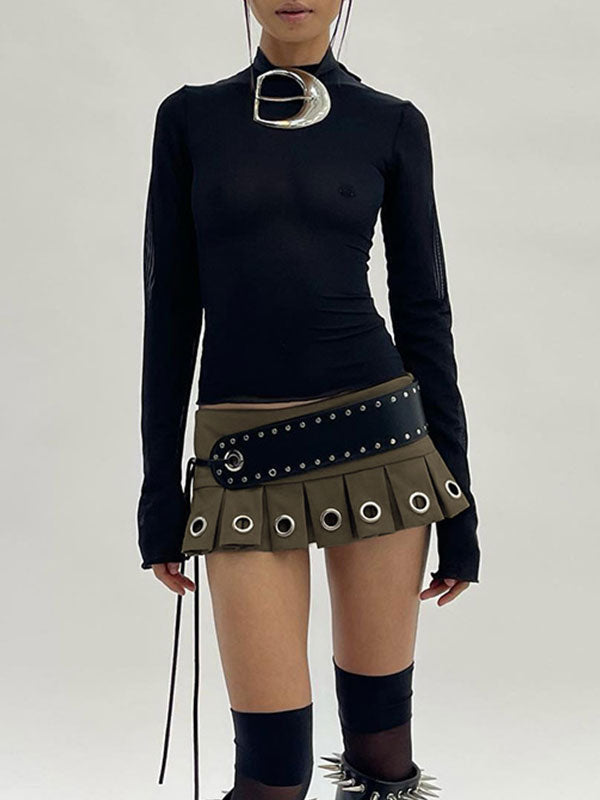 Belted Eyelet Metal Pleated Mini Skirt -- YKIIY  CLOTHING