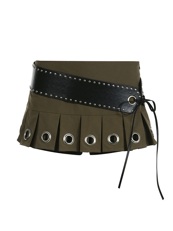Belted Eyelet Metal Pleated Mini Skirt -- YKIIY  CLOTHING