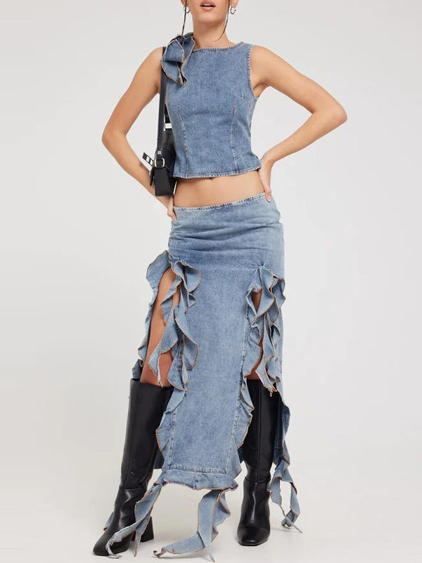Boat Neck Flounce Slit Two Piece Set -- YKIIY  CLOTHING