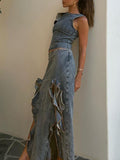 Boat Neck Flounce Slit Two Piece Set -- YKIIY  CLOTHING