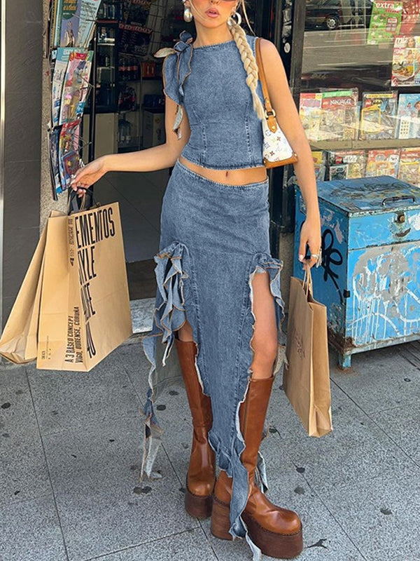 Boat Neck Flounce Slit Two Piece Set -- YKIIY  CLOTHING