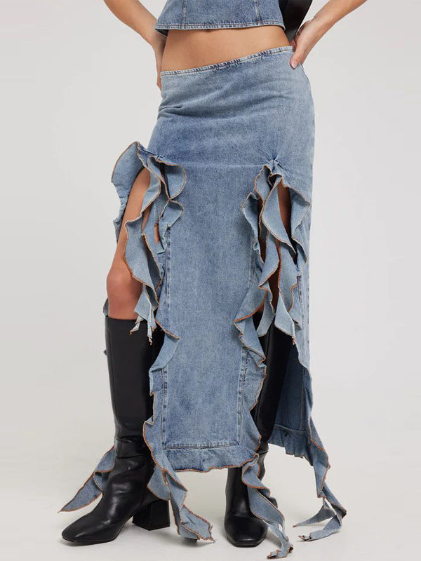 Boat Neck Flounce Slit Two Piece Set -- YKIIY  CLOTHING