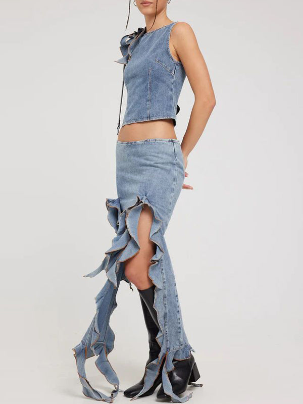 Boat Neck Flounce Slit Two Piece Set -- YKIIY  CLOTHING