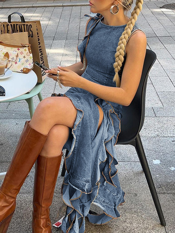 Boat Neck Flounce Slit Two Piece Set -- YKIIY  CLOTHING