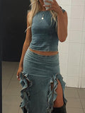Boat Neck Flounce Slit Two Piece Set -- YKIIY  CLOTHING