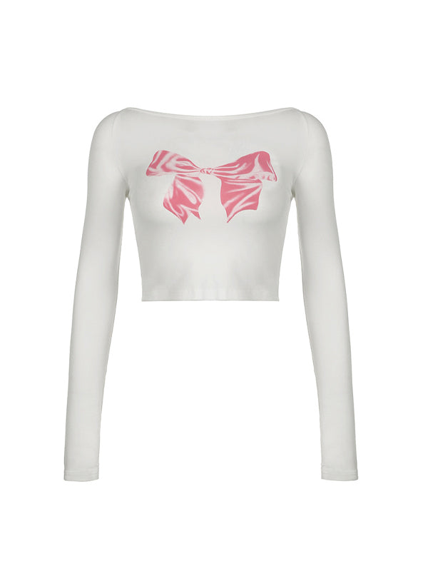 Bow Print Round Neck Backless T-Shirt -- YKIIY  CLOTHING