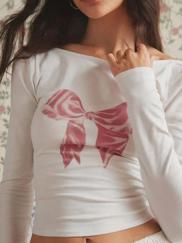 Bow Print Round Neck Backless T-Shirt -- YKIIY  CLOTHING