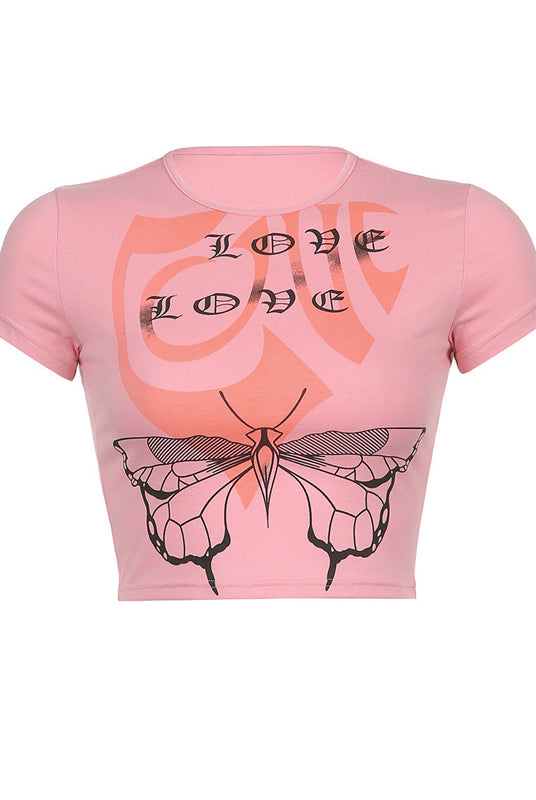 Butterfly Printed Exposed Navel T-Shirt