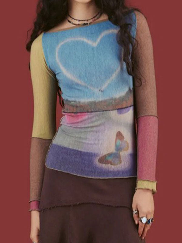Color Block Butterfly Heart Print T-Shirt -- YKIIY  CLOTHING