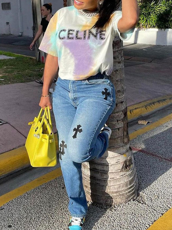 Cross Embroidery Low Rise Slim Jeans -- YKIIY  CLOTHING
