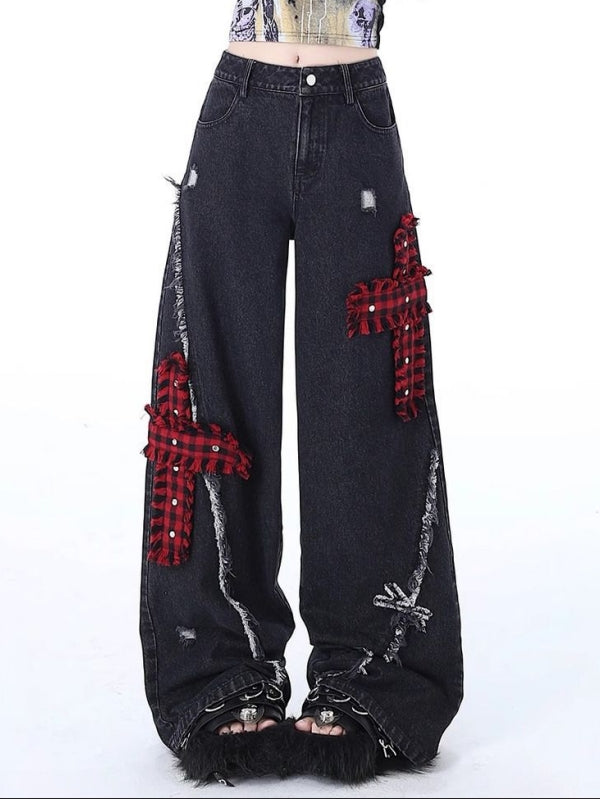 Distressed embroidered straight-leg wide-leg jeans -- YKIIY  CLOTHING