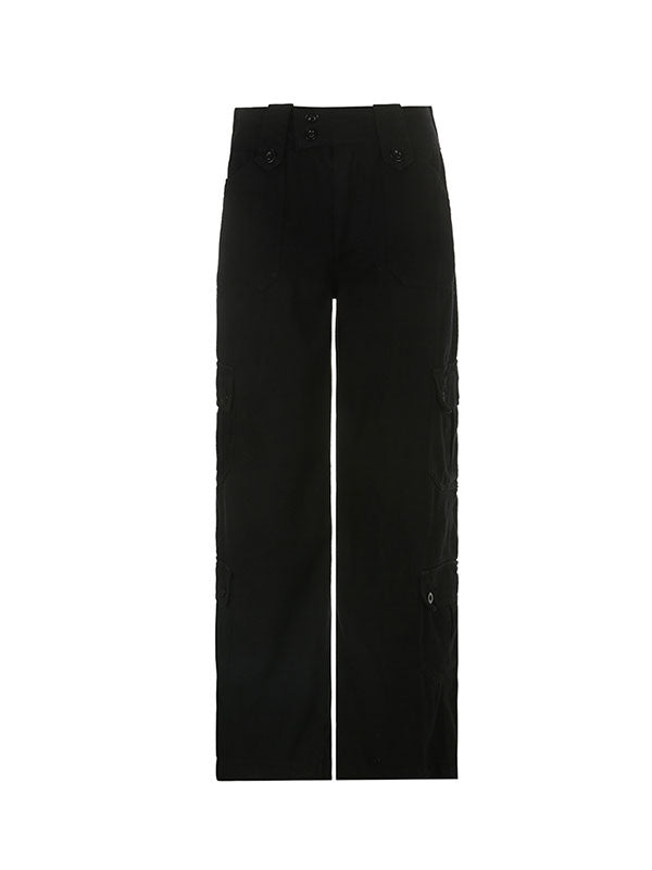 Double Buttons Straight Leg Cargo Jeans -- YKIIY  CLOTHING