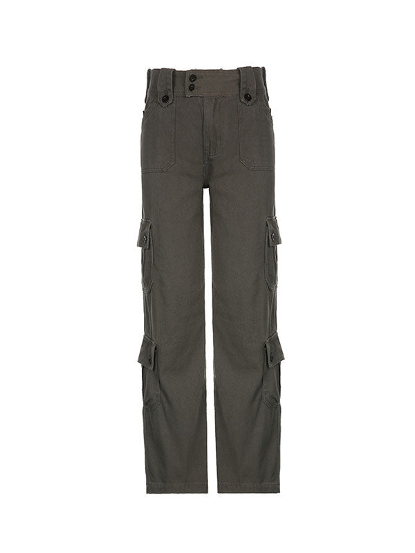 Double Buttons Straight Leg Cargo Jeans -- YKIIY  CLOTHING