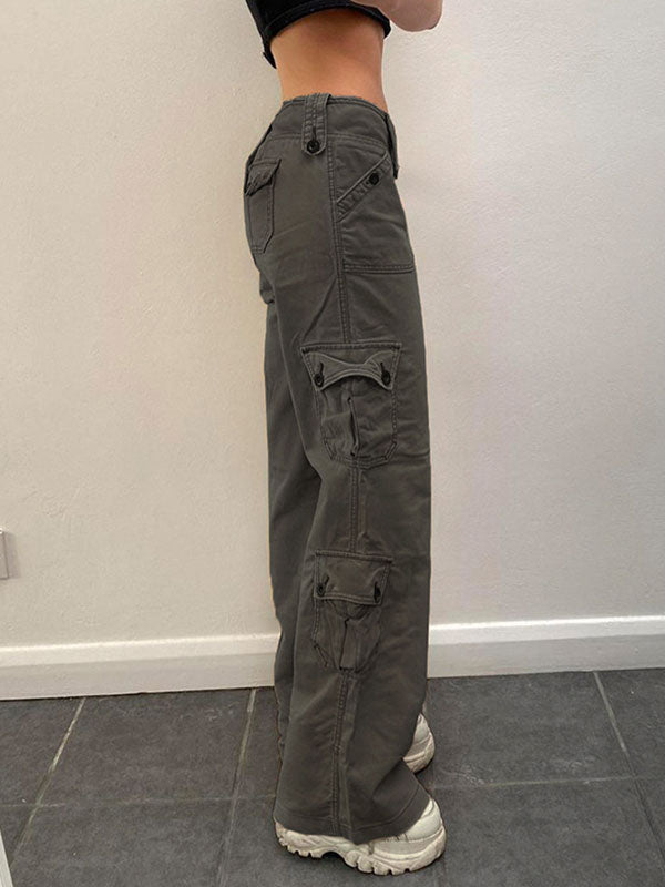 Double Buttons Straight Leg Cargo Jeans -- YKIIY  CLOTHING
